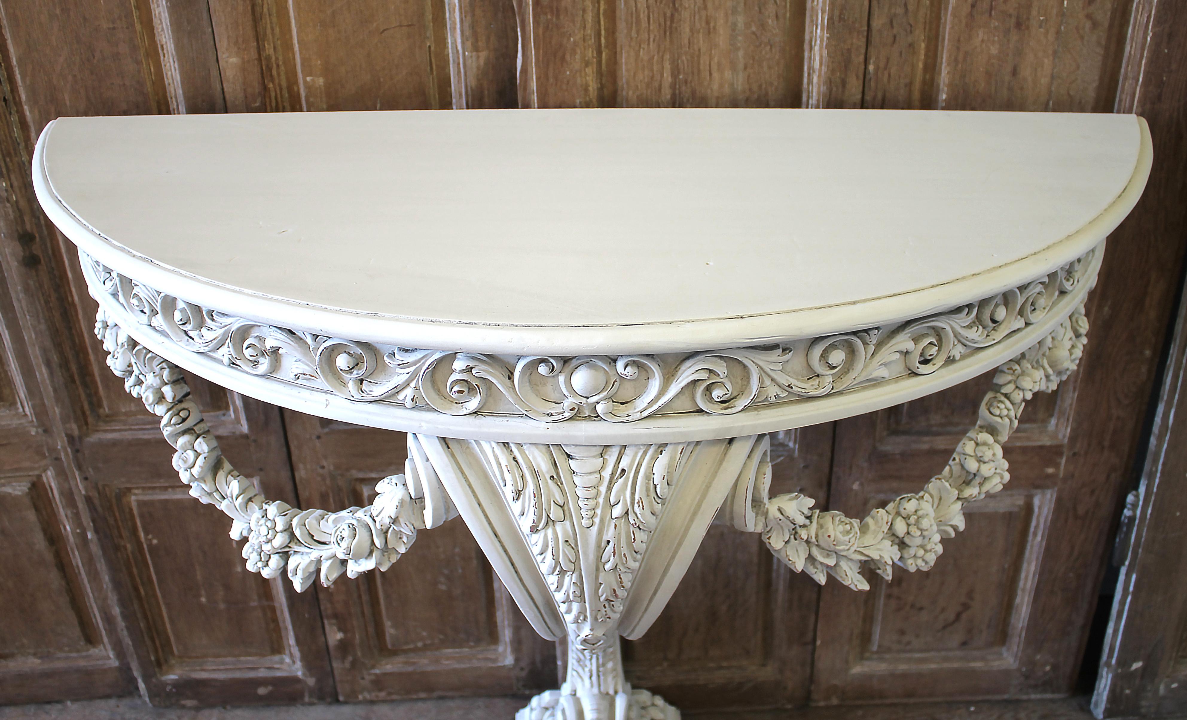 Wood 20th Century White Painted Rose Swag Console Table