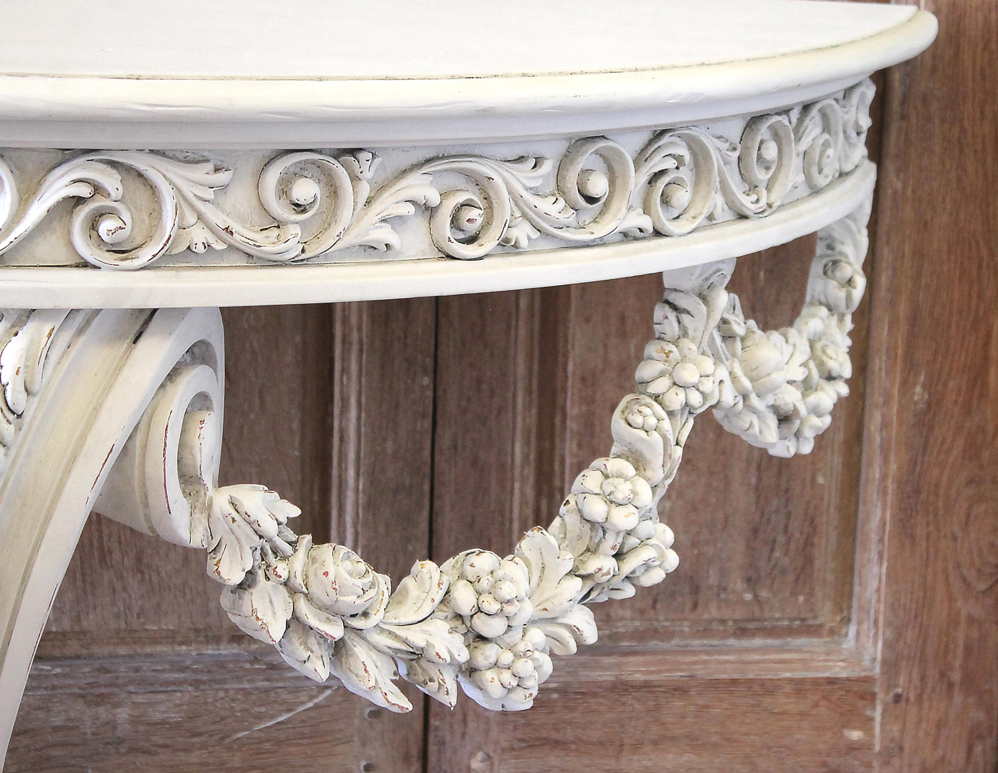 20th Century White Painted Rose Swag Console Table 4