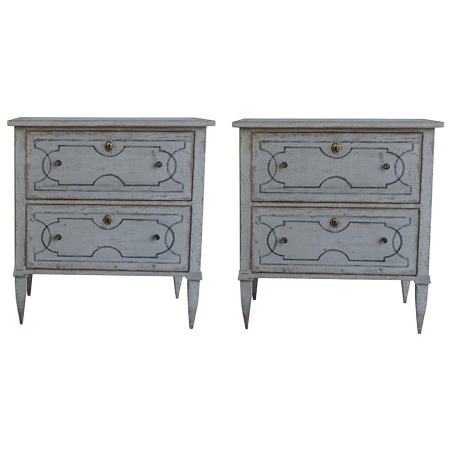 20th Century White Pair of Swedish Gustavian Chests, Antique Pinewood Commodes