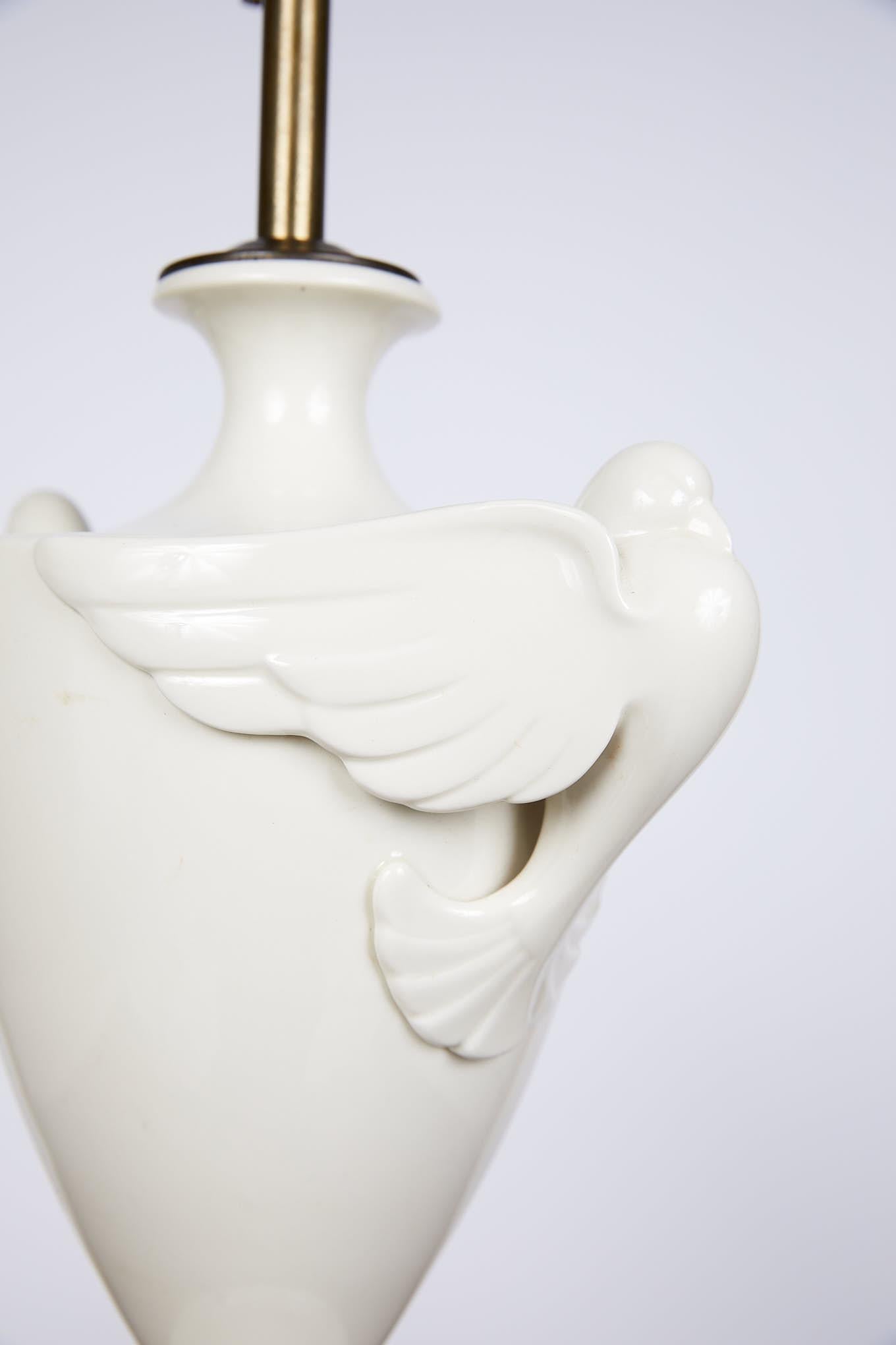 20th Century White Porcelain Urn Shaped Lamp with Dove Handles For Sale 8