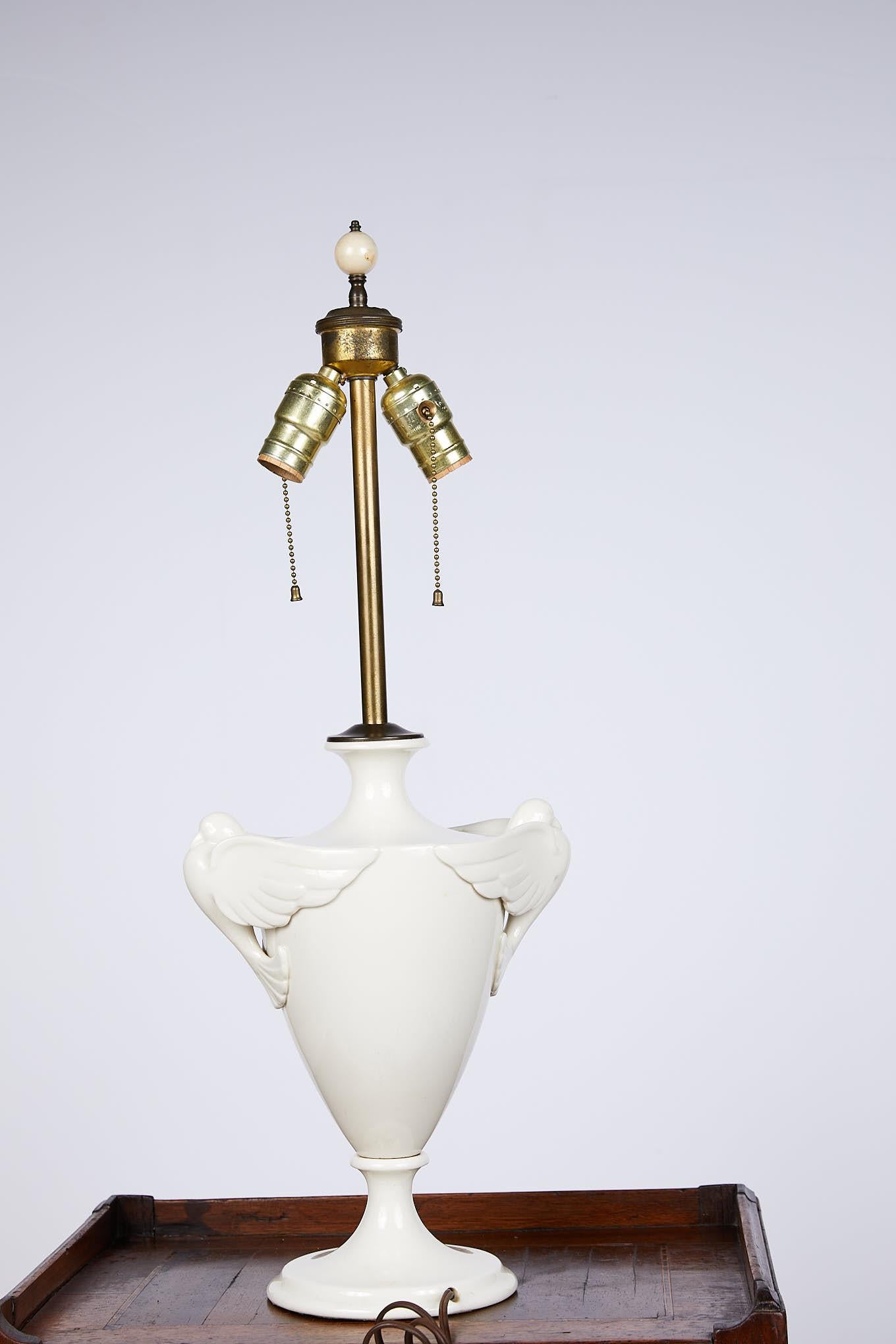 20th Century White Porcelain Urn Shaped Lamp with Dove Handles For Sale 1