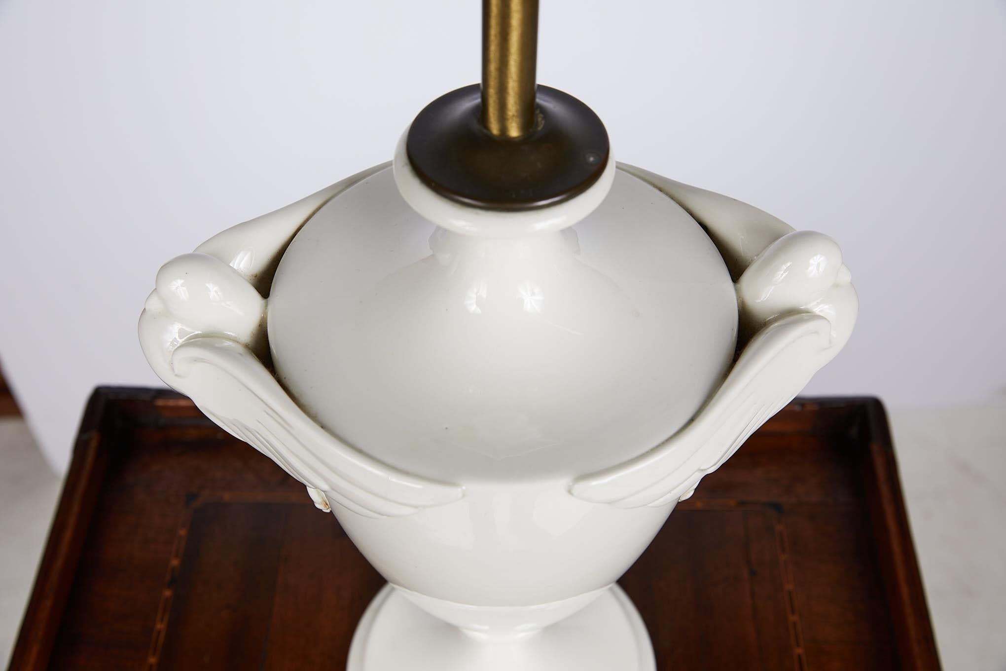 20th Century White Porcelain Urn Shaped Lamp with Dove Handles For Sale 5