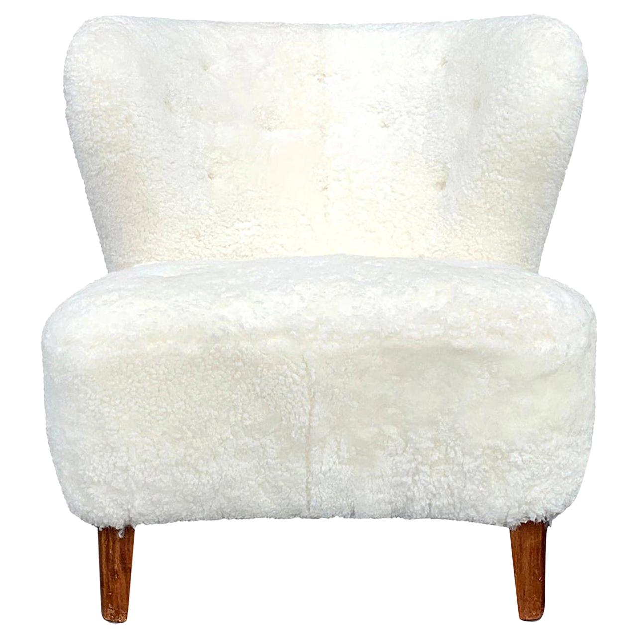 20th Century White Sheepskin, Swedish Beechwood Lounge Chair by Gösta  Jonsson For Sale at 1stDibs