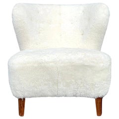 20th Century White Sheepskin, Swedish Beechwood Lounge Chair by Gösta Jonsson