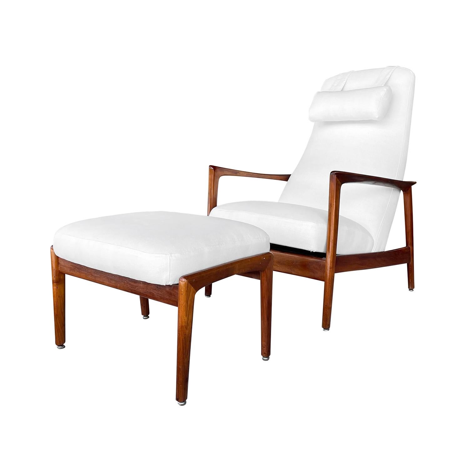 Hand-Carved 20th Century White Swedish Adjustable Walnut High Back Recliner Set by DUX
