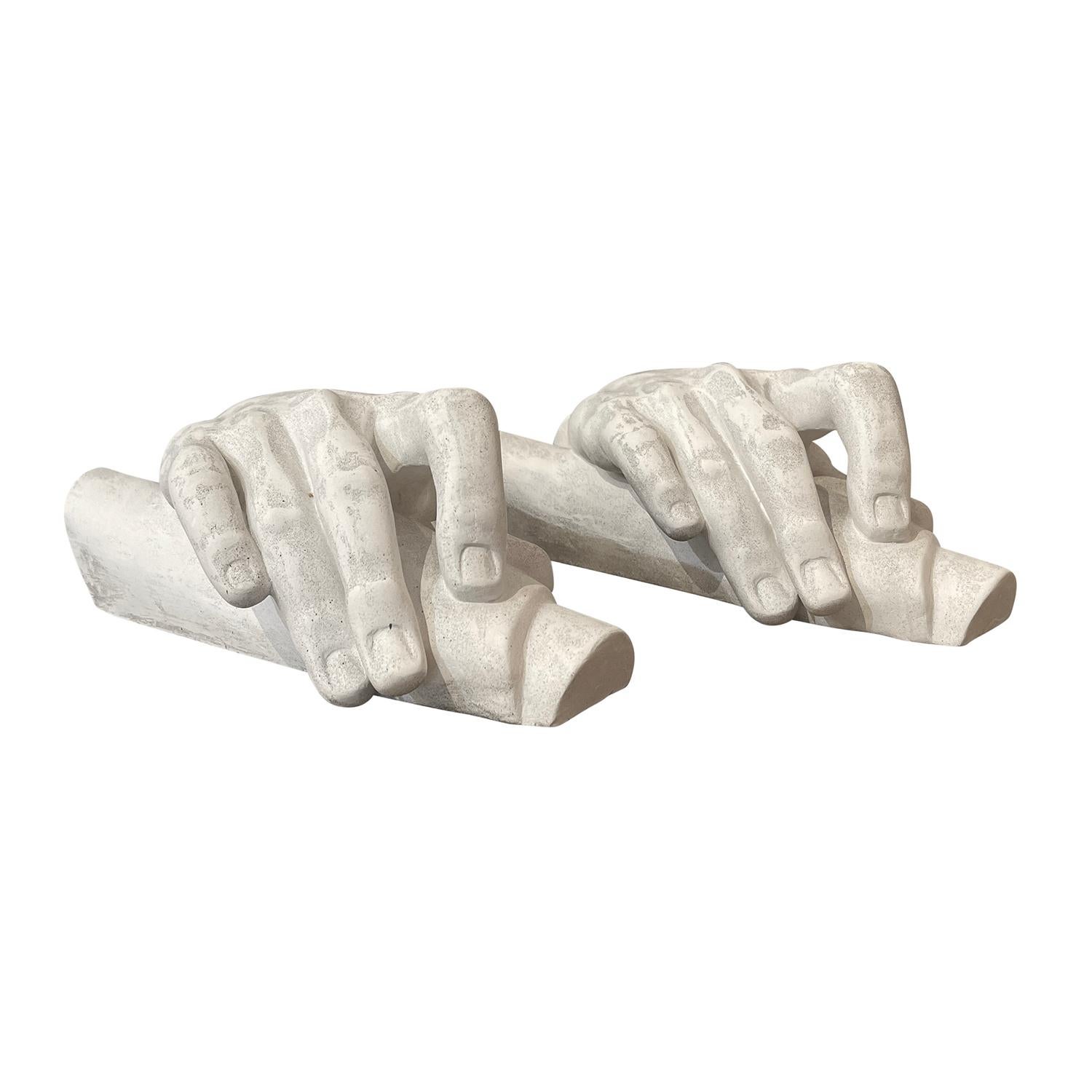 A white, vintage pair of an Anatomic study of a hand resting on a support in white French Plaster, refinished and made by hand, in good condition. Wear consistent with age and use. Circa 1930, Paris, France.
