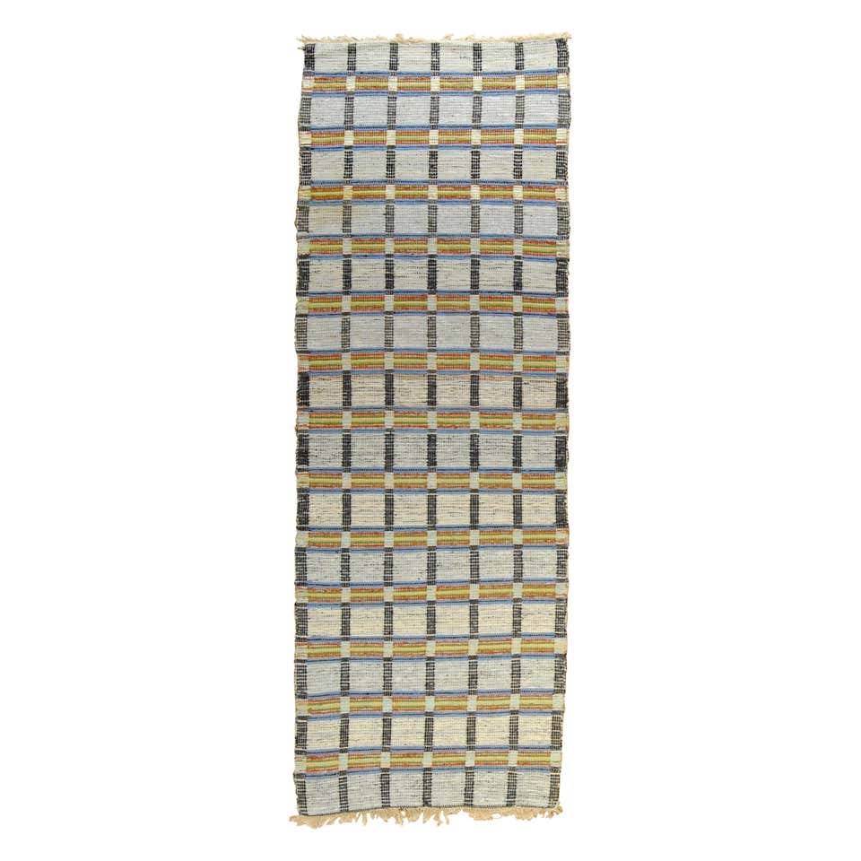 20th Century White Yellow Red Squared Swedish Rag handwoven Rug Folk ...