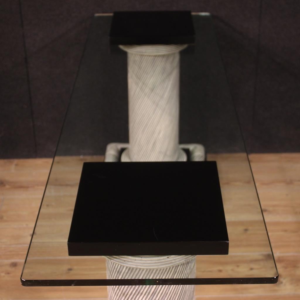 Mid-20th Century 20th Century Wicker and Glass Top Modern Spanish Console Table, 1960 For Sale