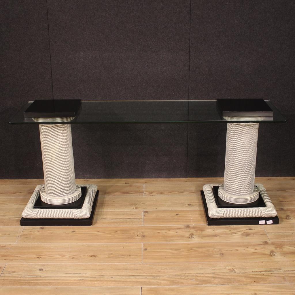 20th Century Wicker and Glass Top Modern Spanish Console Table, 1960 For Sale 1