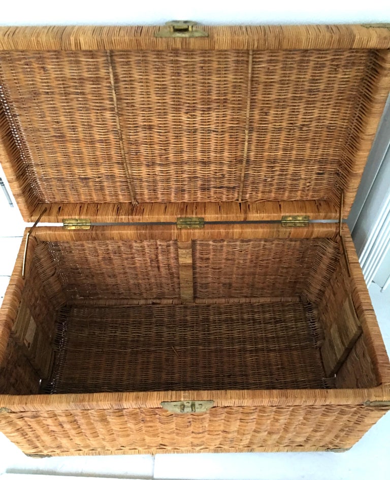 20th Century Wicker and Brass Chinoiserie Style Trunk Chest at 1stDibs
