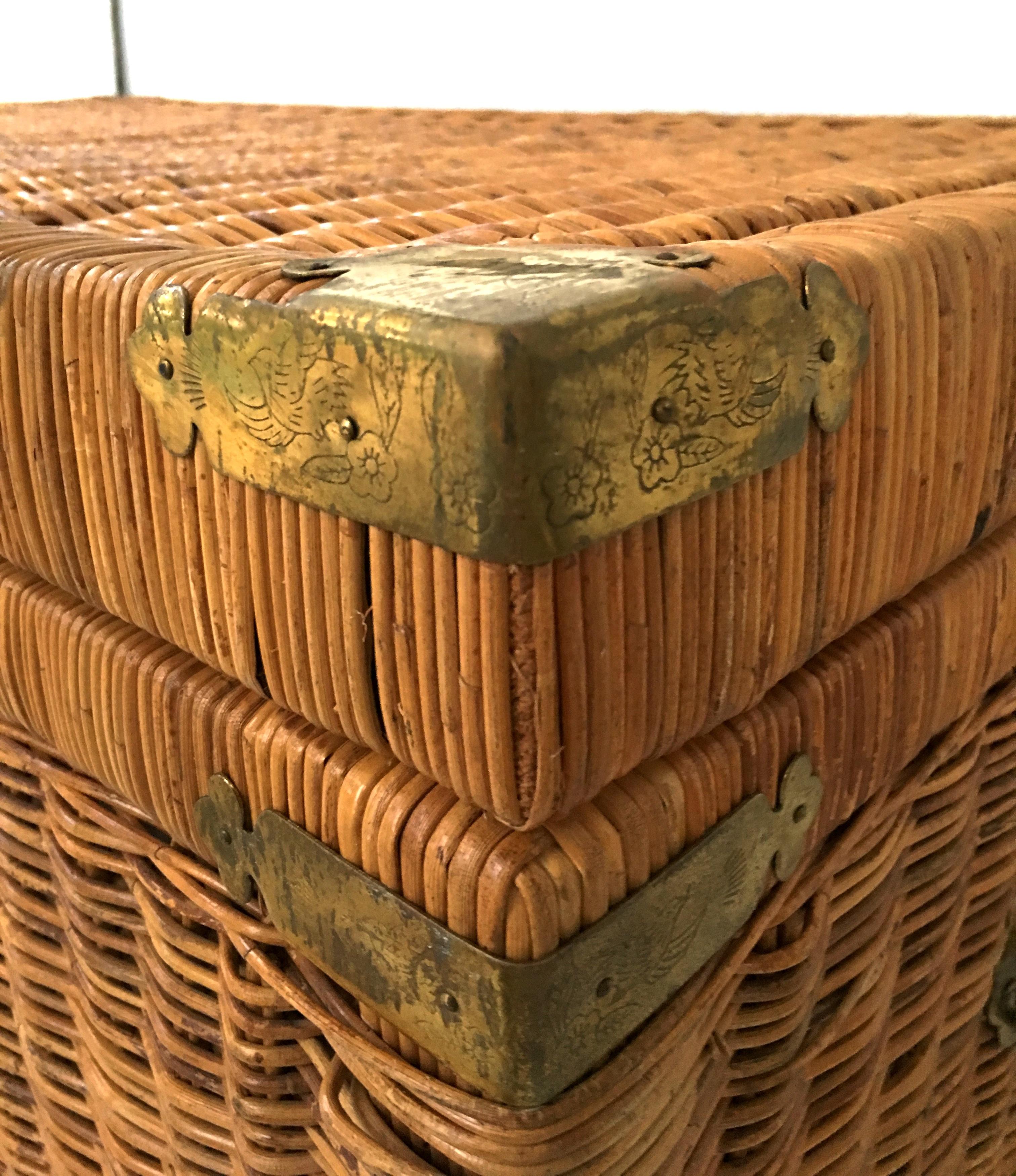 20th Century Wicker & Brass Chinoiserie Style Trunk Chest 2