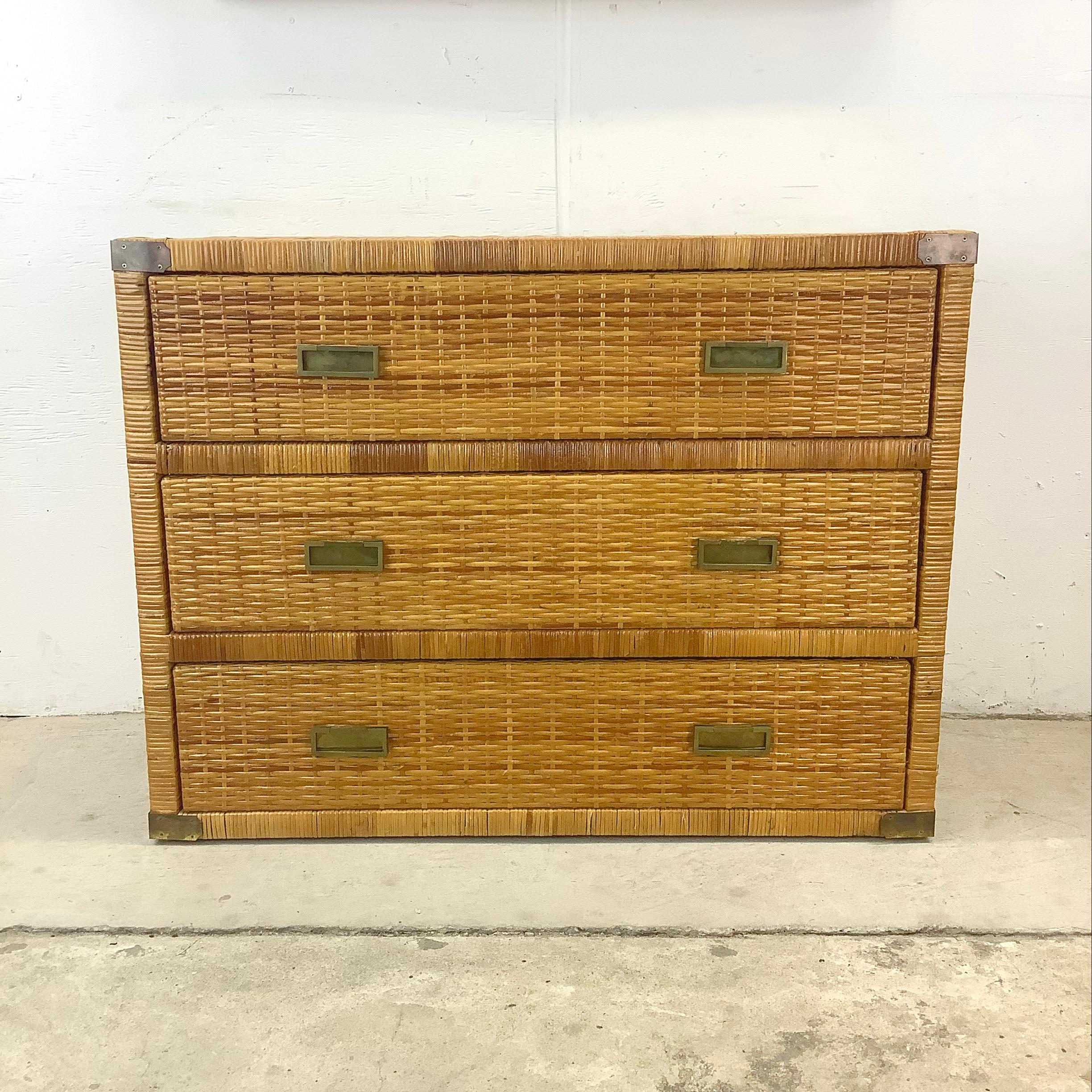 This striking Bielecky Brothers Style Three Drawer Wicker Chest is a charming blend of functionality and coastal elegance that adds a touch of vintage flair to any bedroom or living space. Paired with matching wall hanging mirror this unique vanity