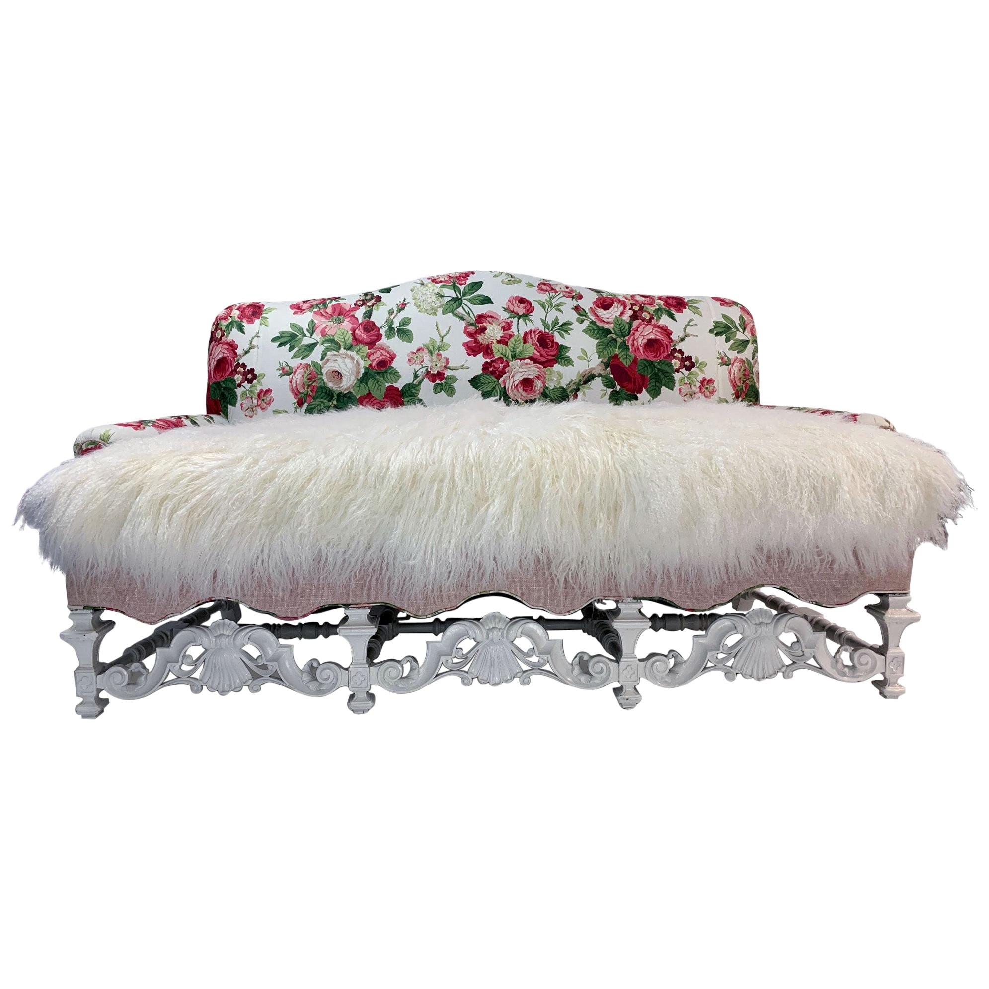 20th Century William & Mary Style Arched Back Sofa Highly Carved Front Stretcher For Sale