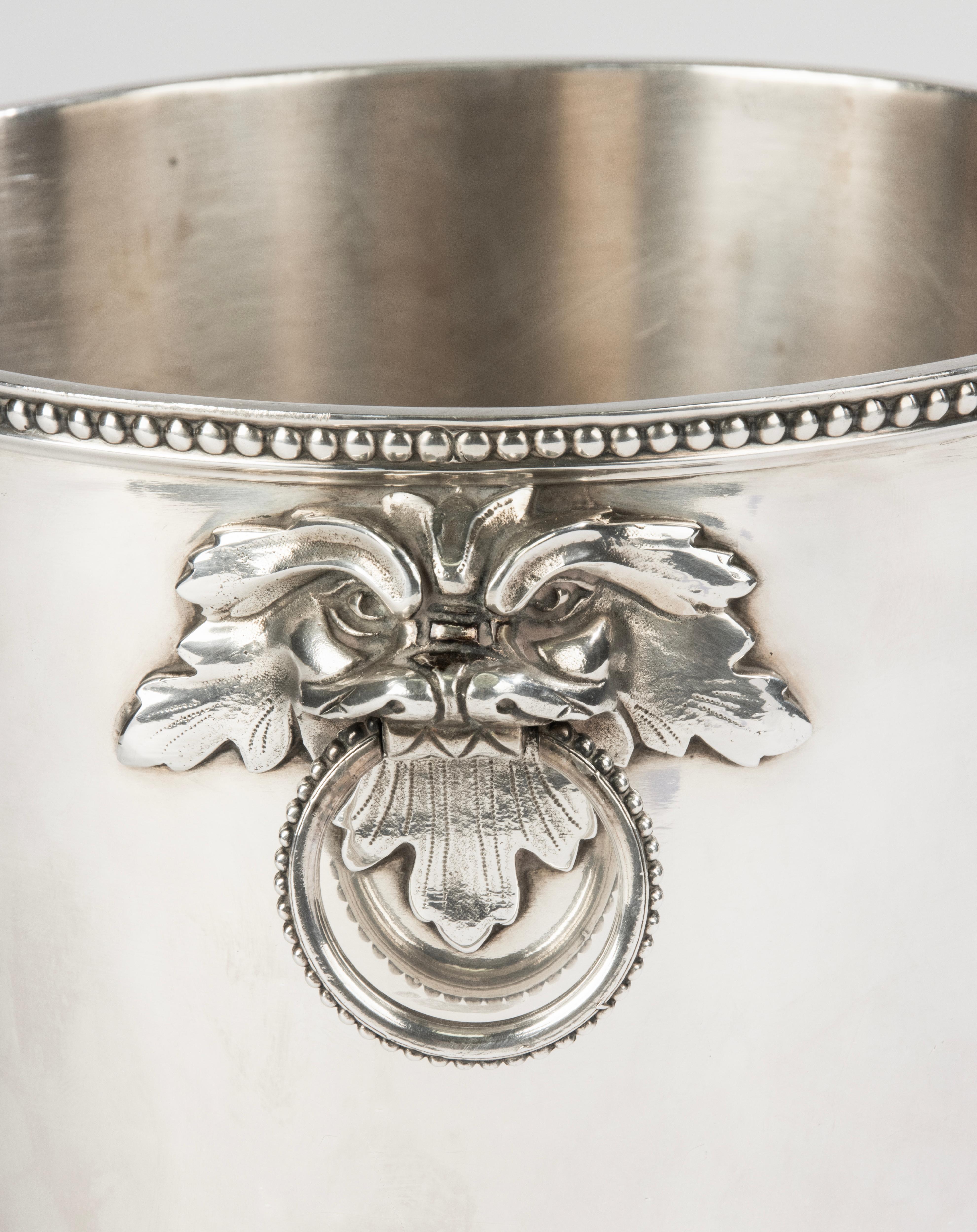 Silver Plate 20th Century Wine Cooler – Ercuis – Silver-Plated – Lion Mask Handles For Sale