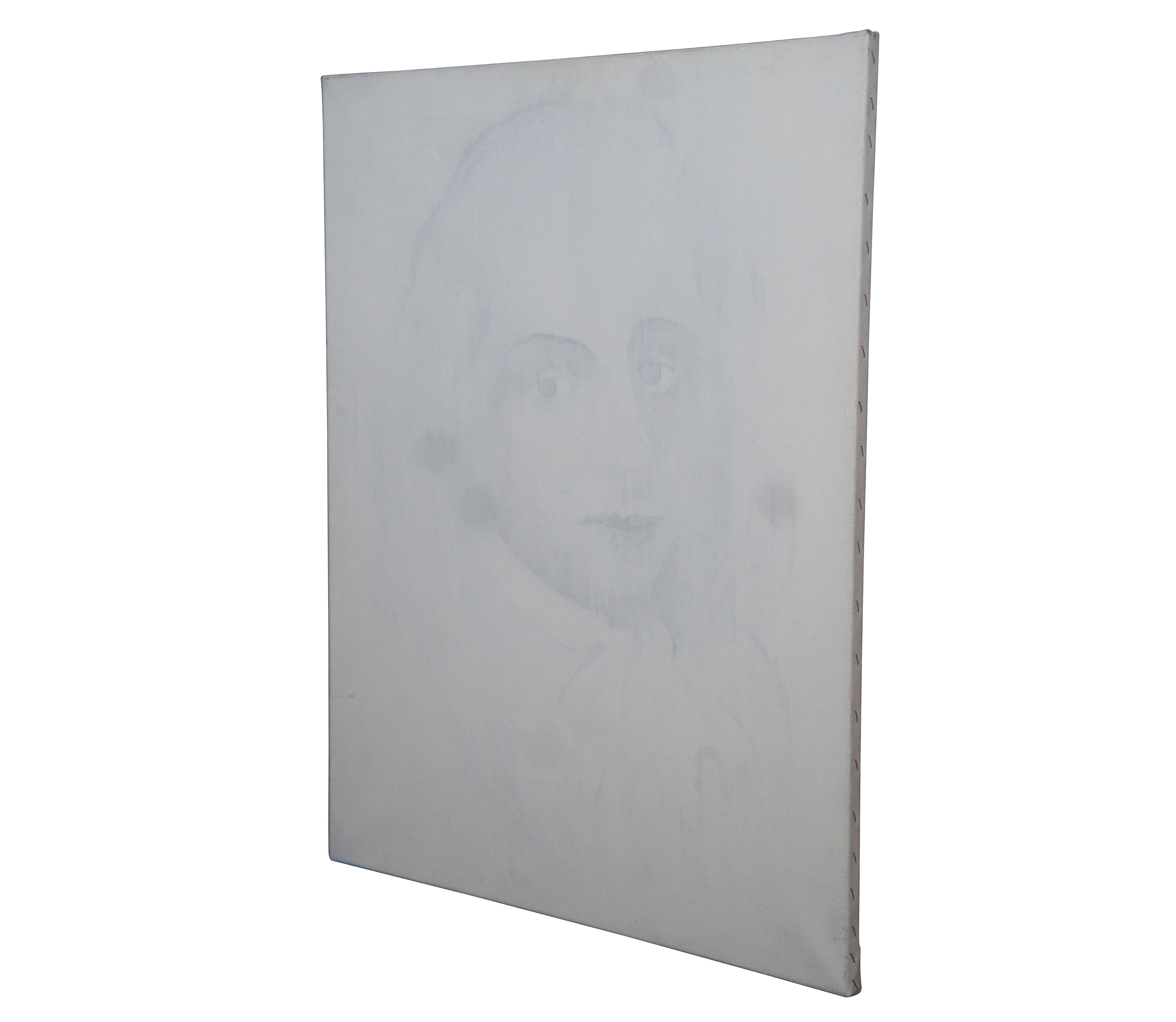 A unique modern portrait painting on burlap of Wolfgang Amadeus Mozart, with a white wash finish / overlay. Signed and dated by artist on verso. Measure: 40
