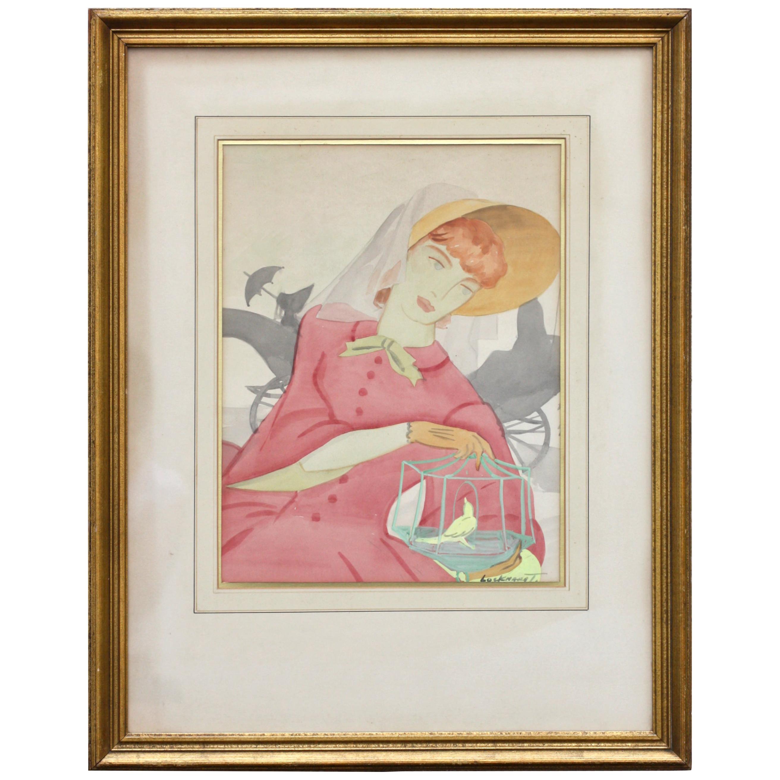 20th Century "Woman with Caged Bird" Signed Lockhardt 'Lower Right' For Sale