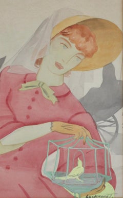 20th Century "Woman with Caged Bird" Signed Lockhardt 'Lower Right'