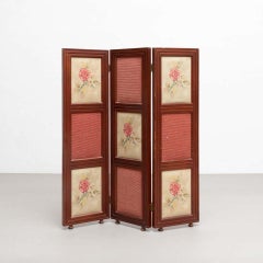 20th Century Wood and Hand Painted Fabric Folding Room Divider
