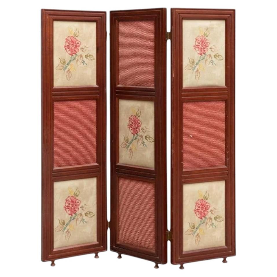 Separador de ambientes plegable de madera y tela pintada a mano del siglo XX