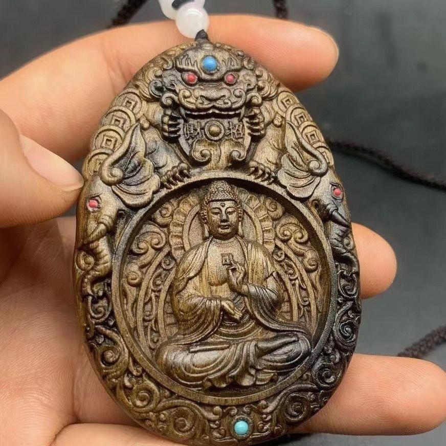20th Century Wood Carving Great Amitabha Buddha Zodiac Guardian Deity Pendant For Sale 1