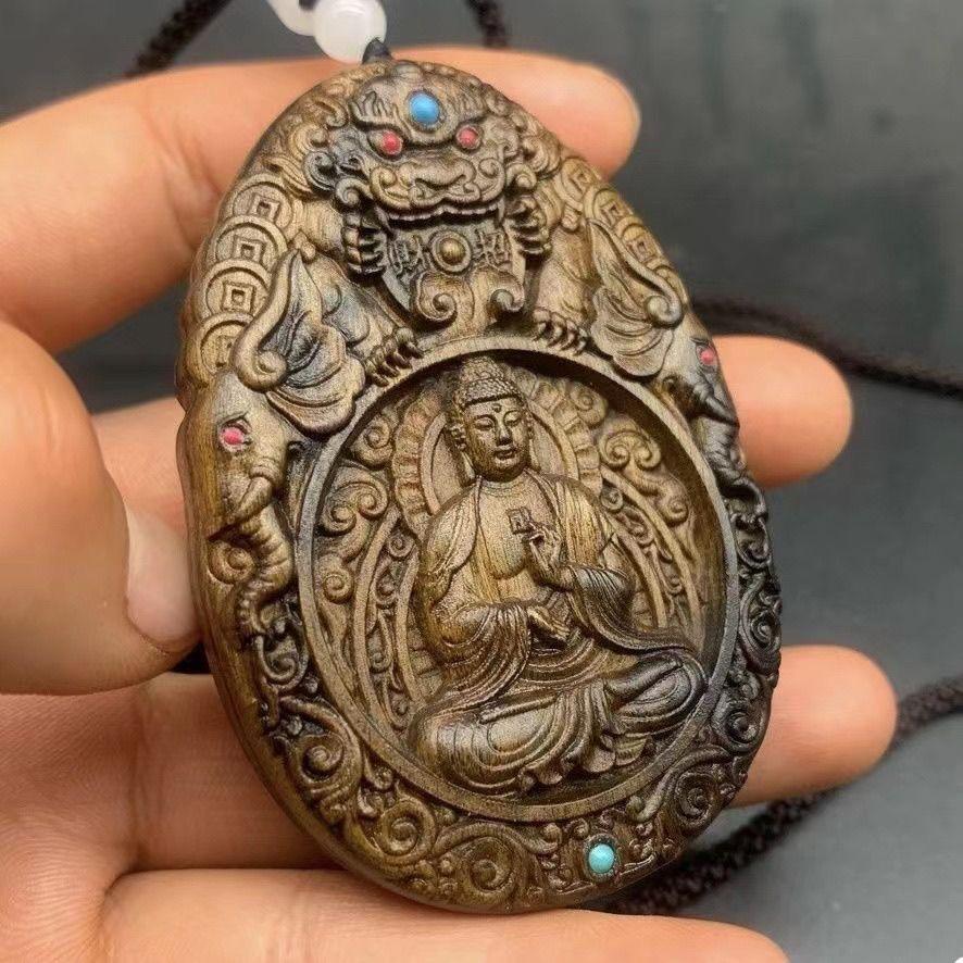 20th Century Wood Carving Great Amitabha Buddha Zodiac Guardian Deity Pendant For Sale 2