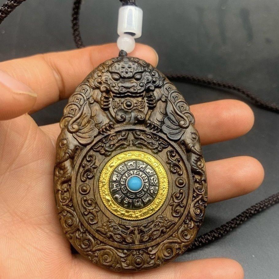 20th Century Wood Carving Great Amitabha Buddha Zodiac Guardian Deity Pendant For Sale 3