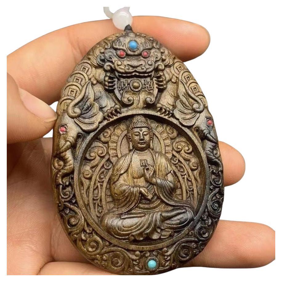 20th Century Wood Carving Great Amitabha Buddha Zodiac Guardian Deity Pendant For Sale