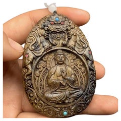 Siglo XX Tallado en Madera Colgante Gran Buda Amitabha Deidad Guardiana del Zodiaco