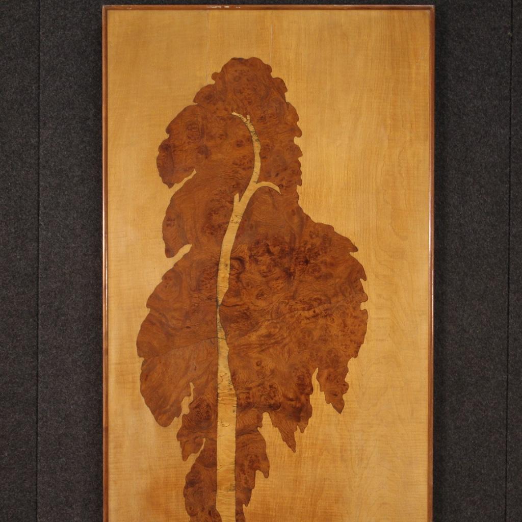 French decorative panel from the 20th century. Work on a panel veneered in walnut, burl, maple, mahogany and fruitwoods depicting a view with a tree in the foreground, pleasantly decorated. Panel that develops vertically, of great size and impact,