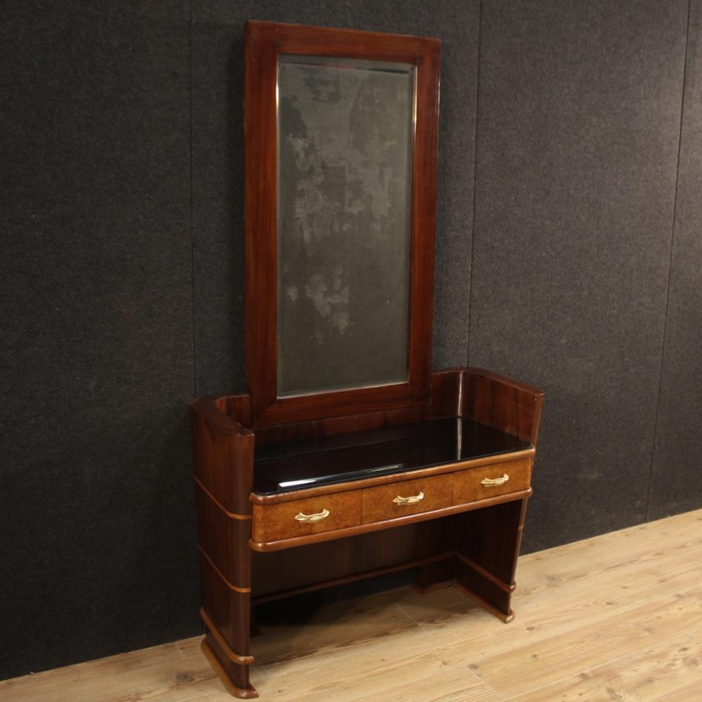 Italian design cheval mirror of the 70s. Beautifully designed and pleasant furniture in walnut, palisander, burl, maple and beech. Cheval mirror built in two separable bodies to facilitate moving around the house. Furniture finished from the center,
