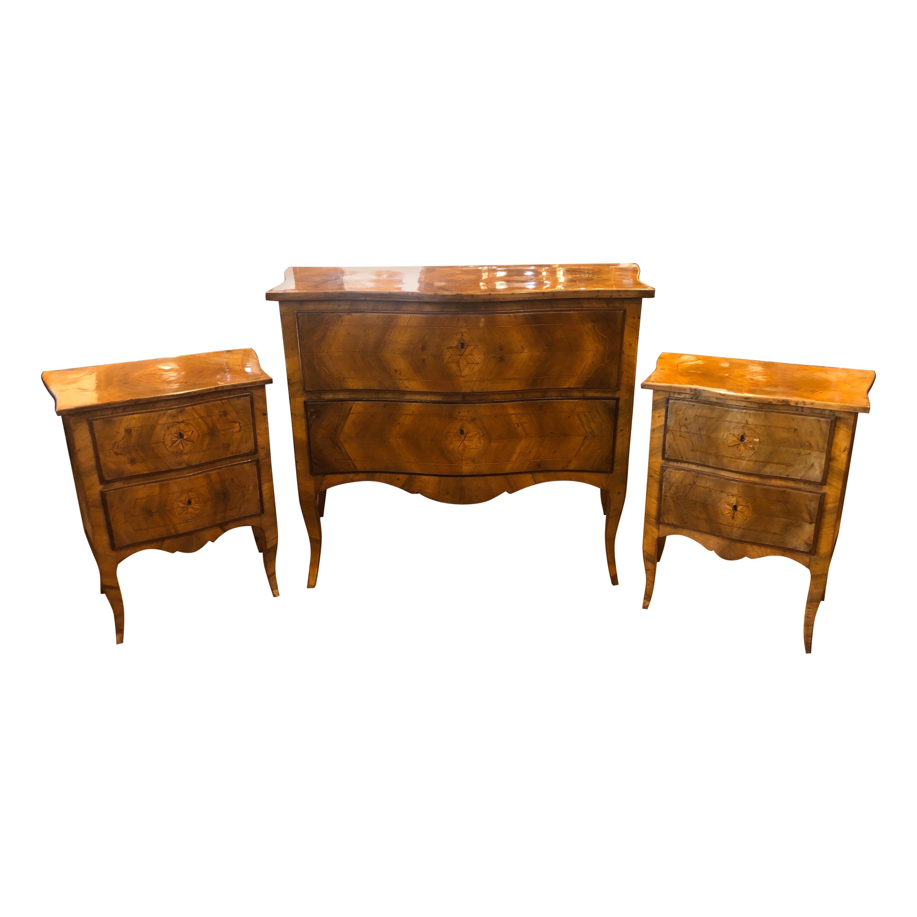 20th Century Wood Louis XVI Revival Chest of Drawers and Nightstands, Italy 1910