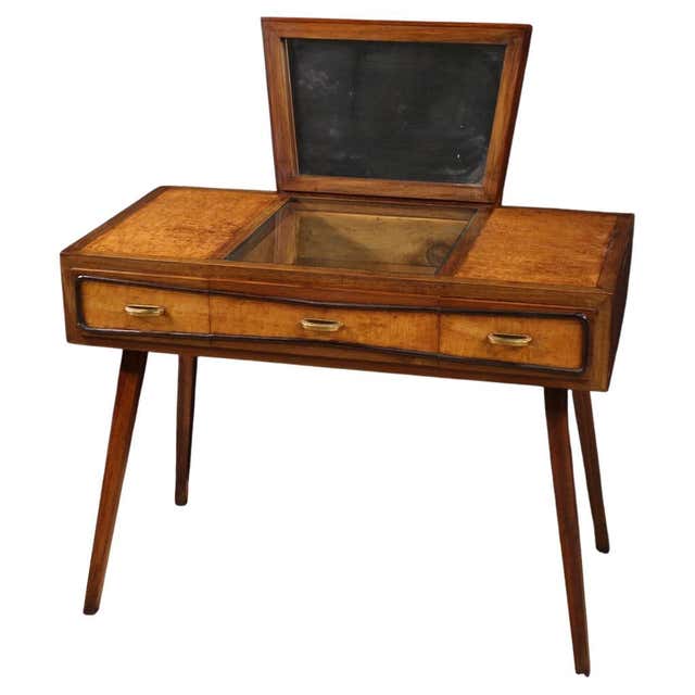 Mid-Century Italian Wood Inlay Glass Top Wall Console Desk Vanity ...