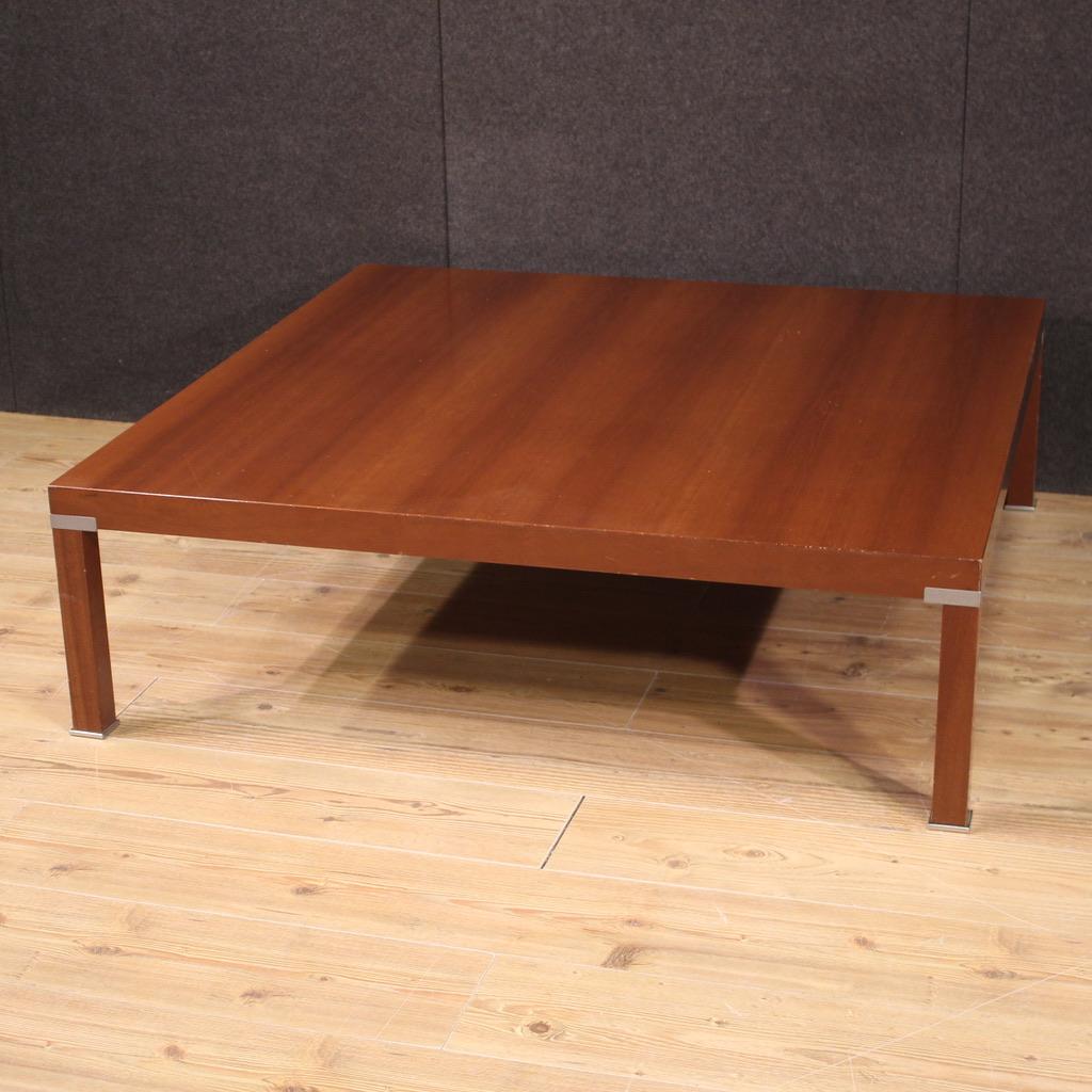 Great Italian coffee table from the 1980s. Cherry veneered design furniture of exceptional size and great service. Coffee table supported by four solid legs with silver metal decorations (see photo). Ideal furniture to be placed in a large living