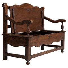 20th Century Wood Oak Carved Storage Bench In Orignal Patina