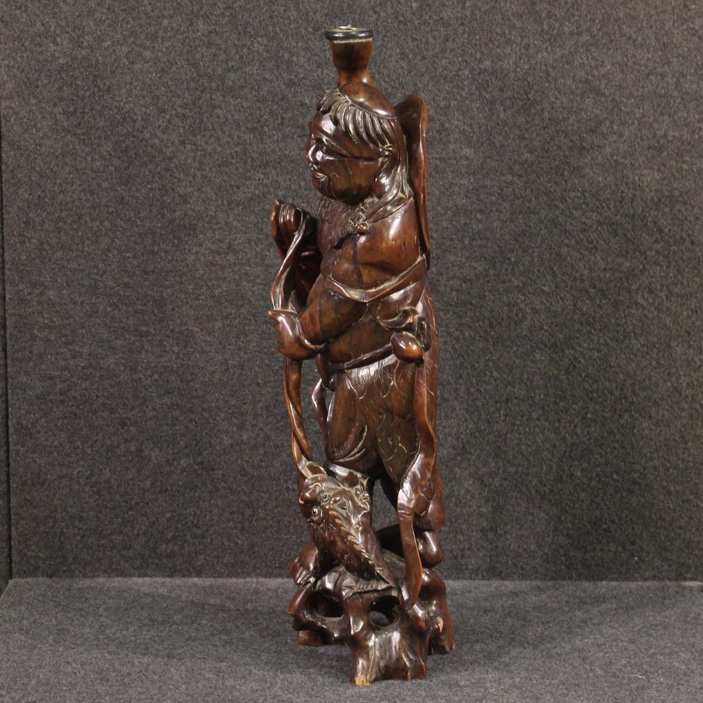 Chinese 20th Century Wood Oriental Sculpture Fisherman and Fish, 1960 For Sale