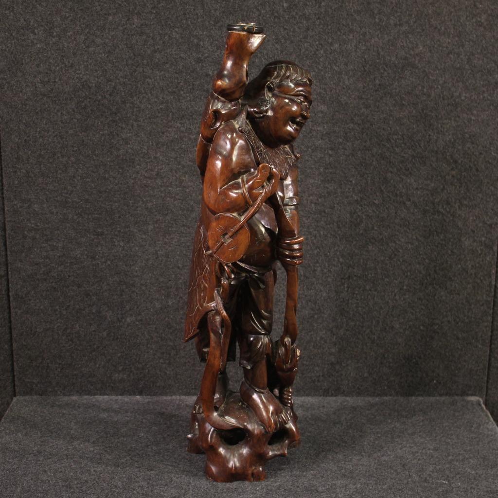 20th Century Wood Oriental Sculpture Fisherman and Fish, 1960 For Sale 3