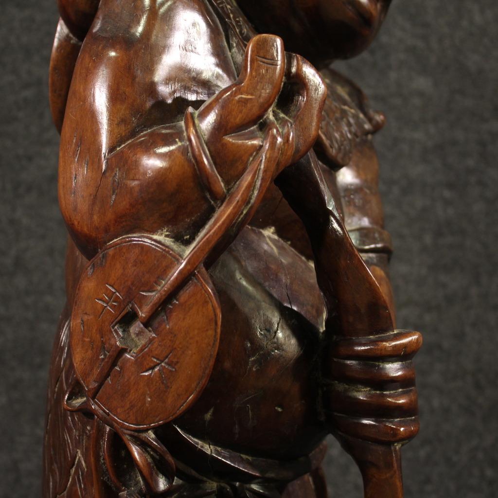 20th Century Wood Oriental Sculpture Fisherman and Fish, 1960 For Sale 4