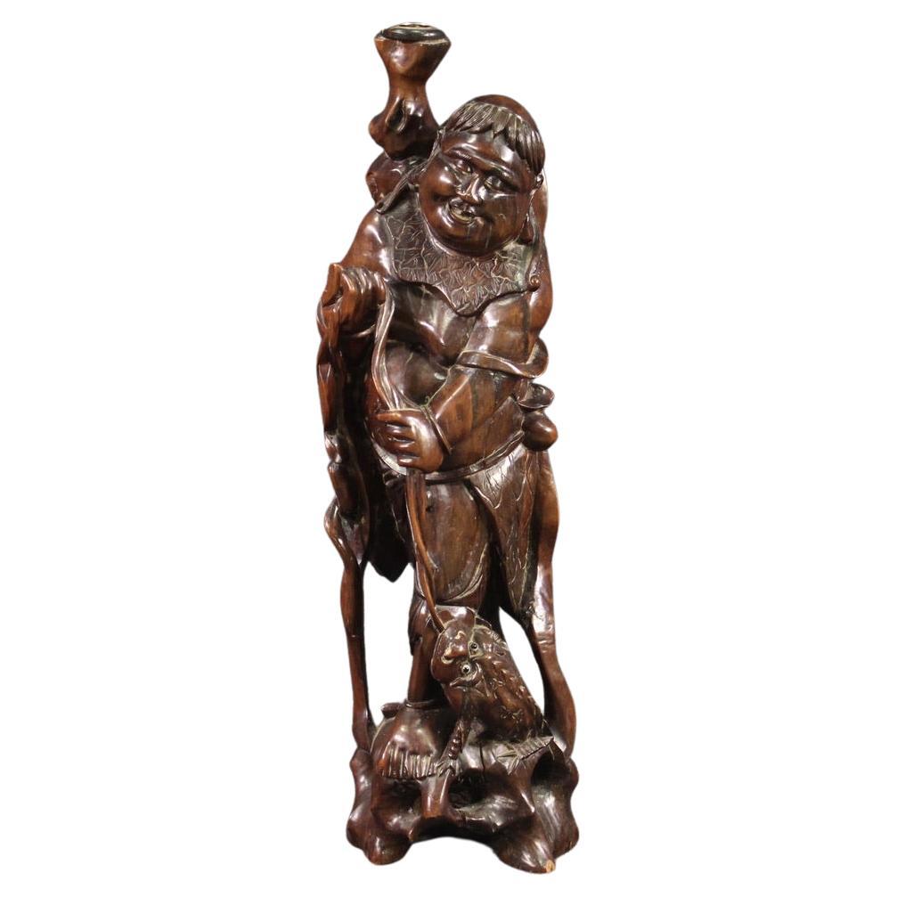 20th Century Wood Oriental Sculpture Fisherman and Fish, 1960 For Sale