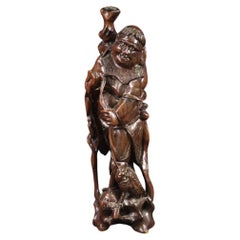 Retro 20th Century Wood Oriental Sculpture Fisherman and Fish, 1960