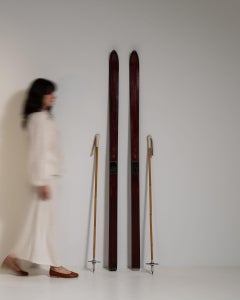 20th Century Wood Set of Wooden Skis & Bamboo Poles