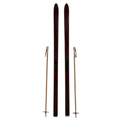 20th Century Wood Set of Wooden Skis & Bamboo Poles