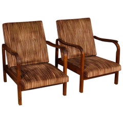 Vintage 20th Century Wood with Stripped Fabric Italian Design Armchairs, 1970