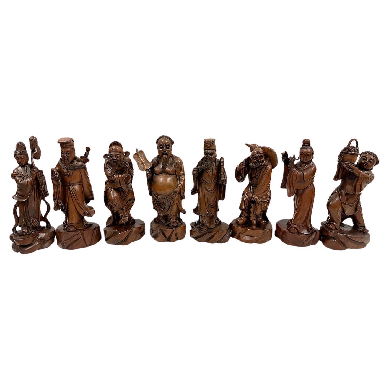 Statues des huit immortels en bois sculpté du 20e siècle en vente