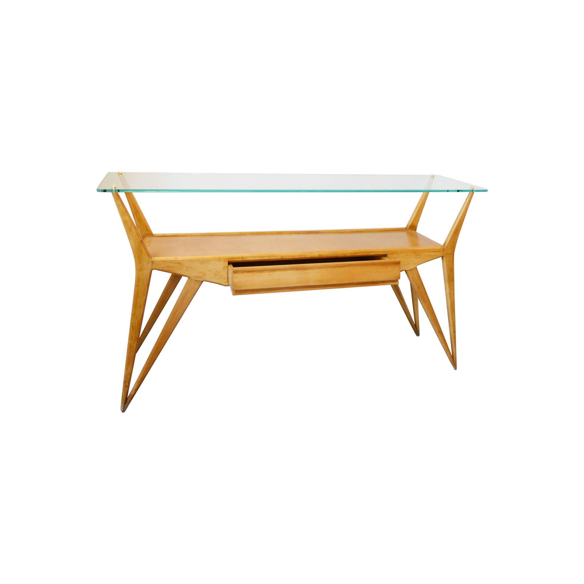 Mid-Century Modern 20th Century Wooden Console Table with Glass Top in the Style of Ico Parisi