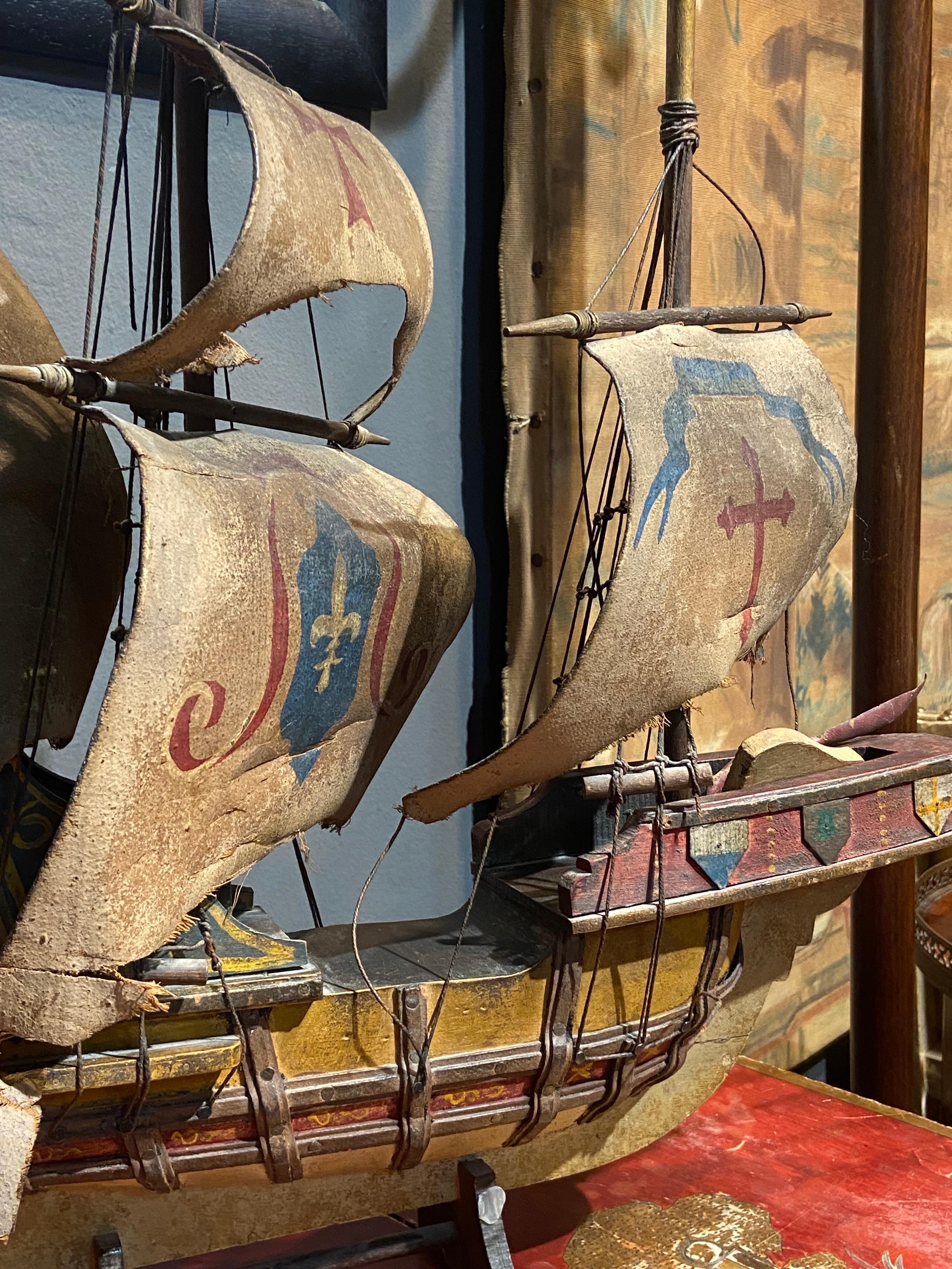 French 20th Century Wooden Hand Painted Caravel Ship Model with Leather Sails For Sale
