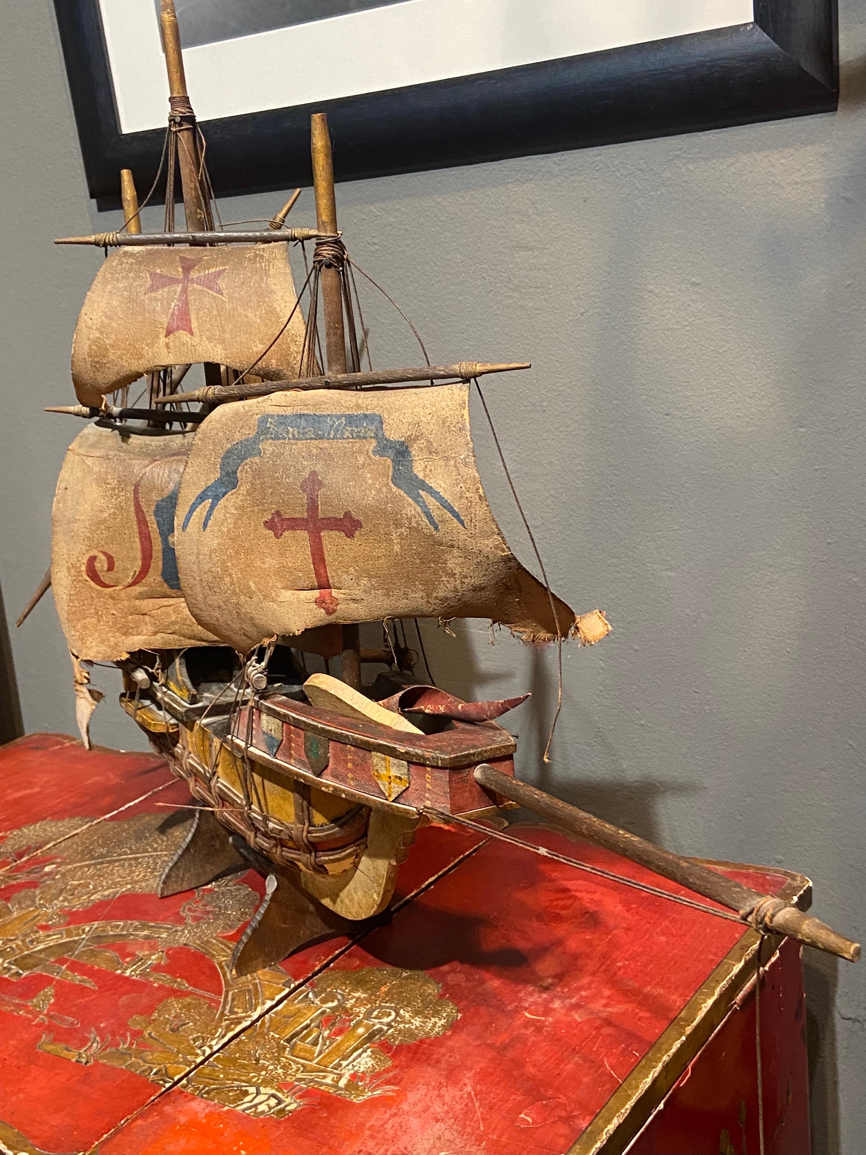 Hand-Carved 20th Century Wooden Hand Painted Caravel Ship Model with Leather Sails For Sale