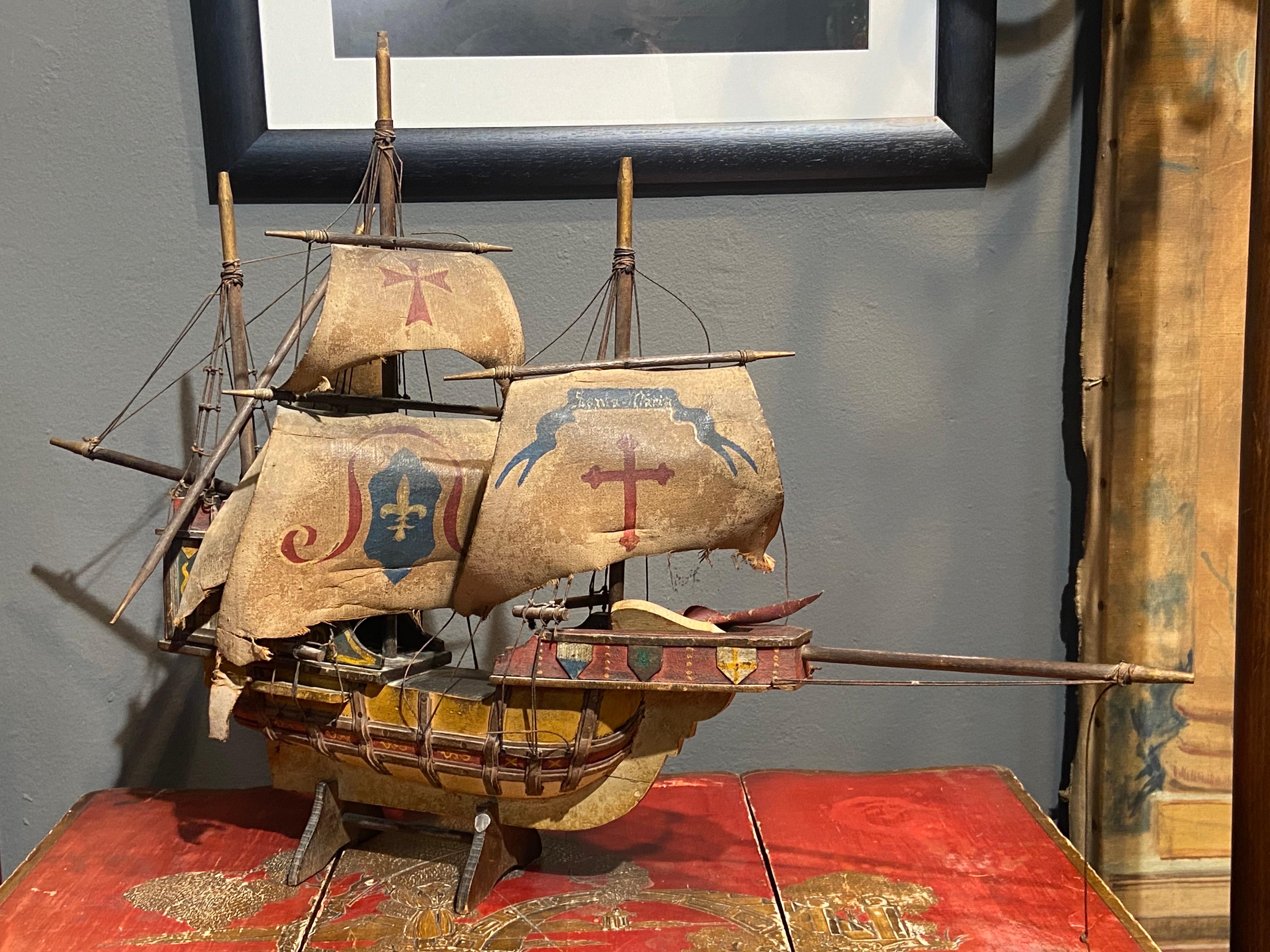 20th Century Wooden Hand Painted Caravel Ship Model with Leather Sails In Fair Condition For Sale In Sofia, BG