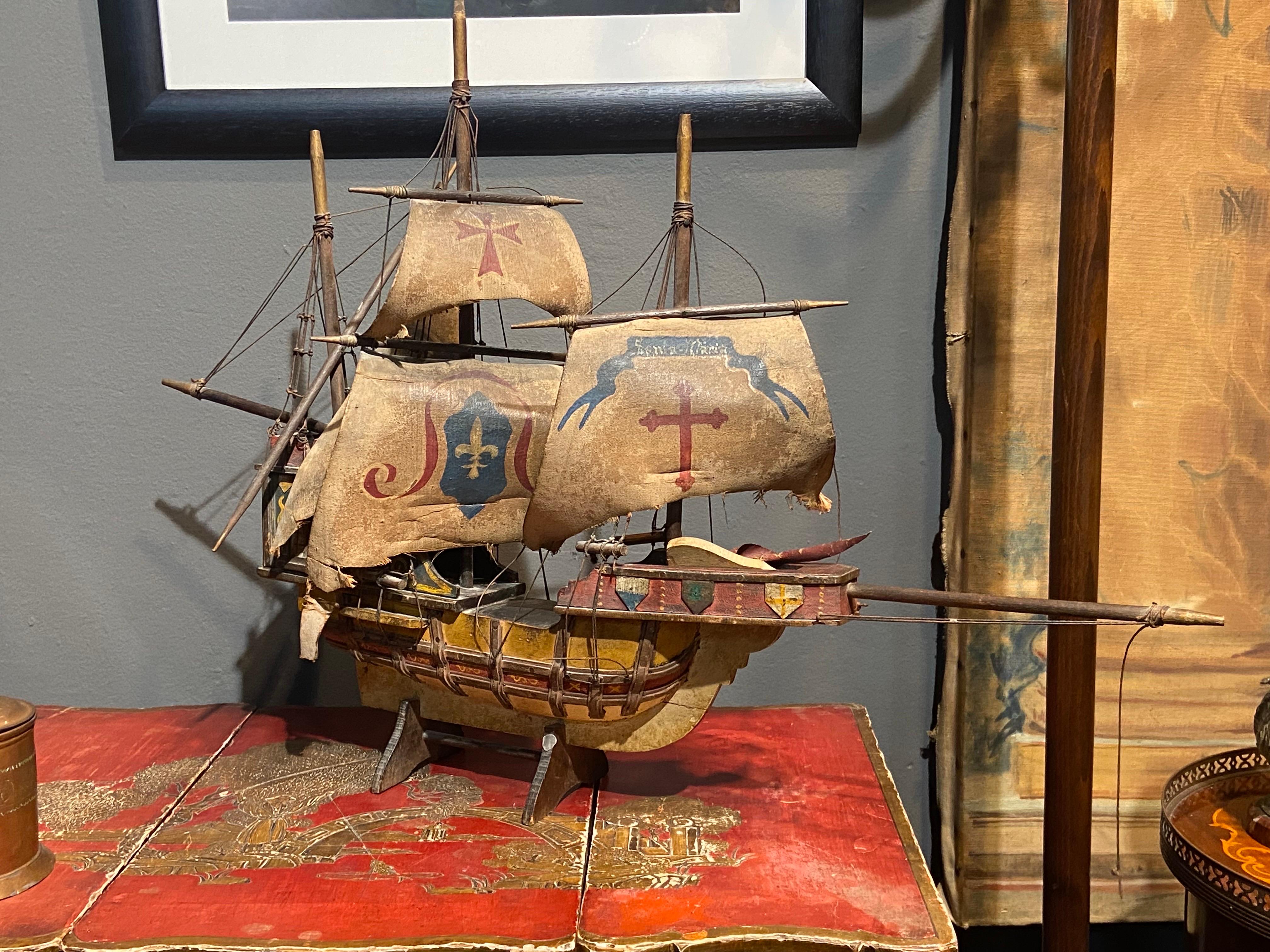 20th Century Wooden Hand Painted Caravel Ship Model with Leather Sails For Sale 1