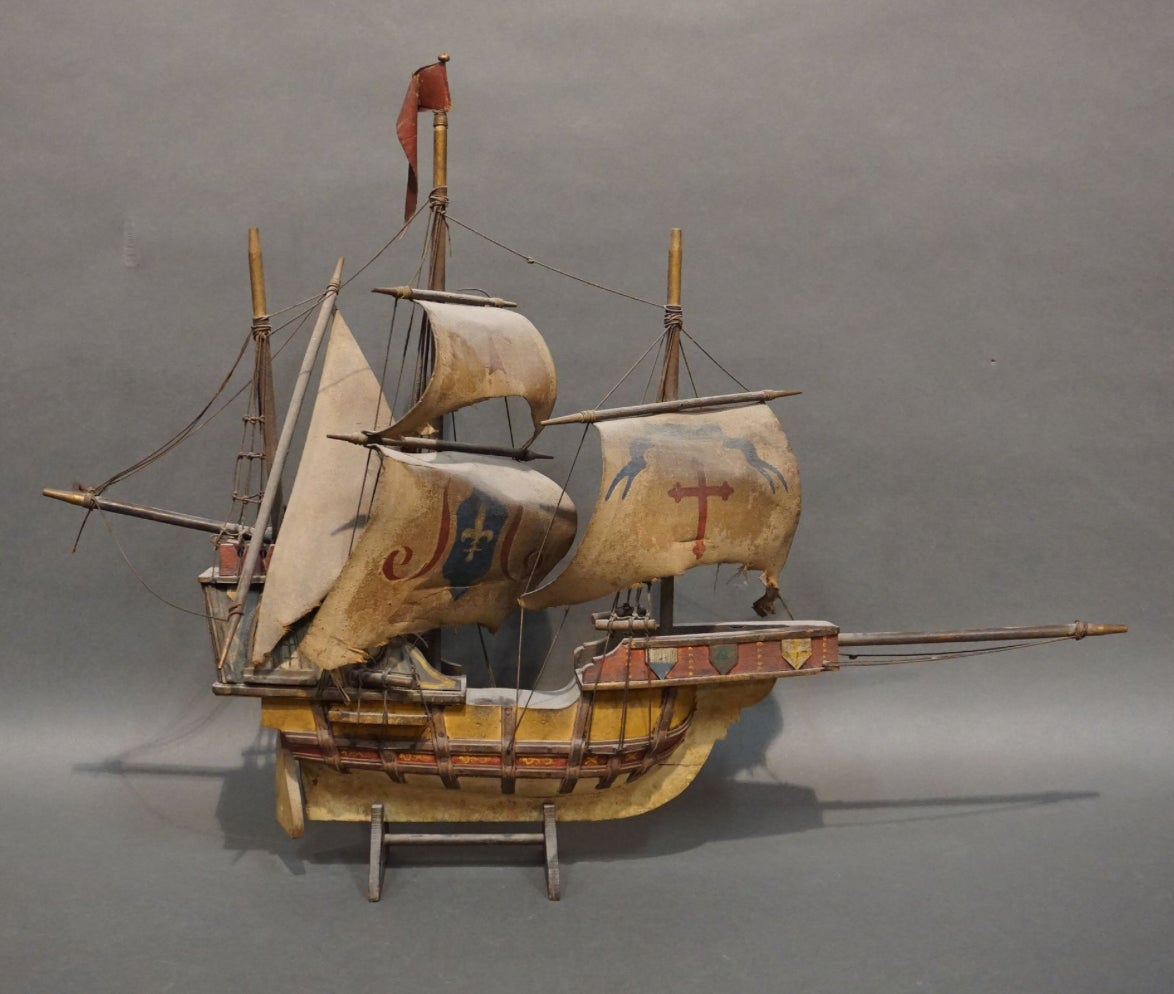 20th Century Wooden Hand Painted Caravel Ship Model with Leather Sails For Sale 2