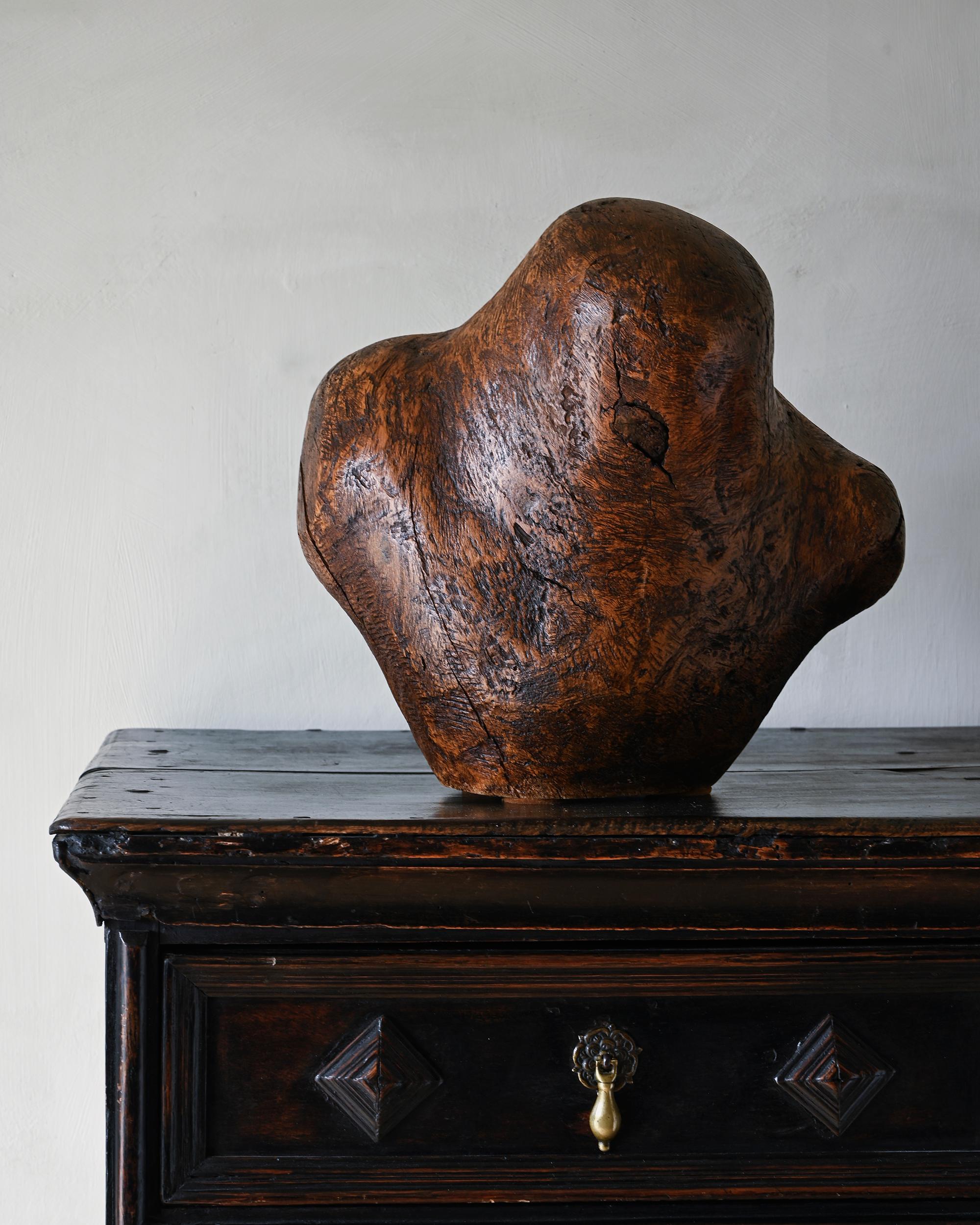 Sculptural organic solid wood bust, carved form a tree with an fantastic expression and patina, circa 1990, Denmark, unknown Artist.